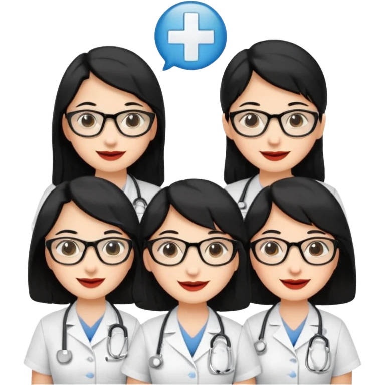 Genera emogis de 4 cuatro enfermeras de cabello negro largo, entre ellas que una tenga lentes y otra un lunar encima de los labios emoji