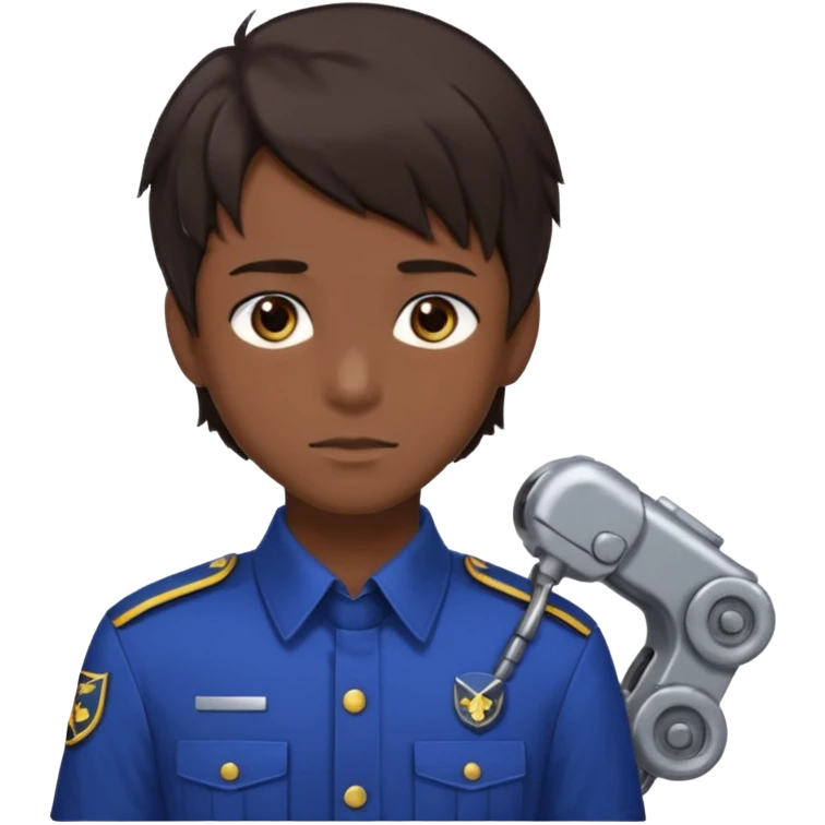 A 20-year-old man with dark brown hair, anime style, dark brown eyes, his hair on the right side is normal and straight, while the left side extends sideways. He is wearing a collared uniform. The background is filled with machines. emoji
