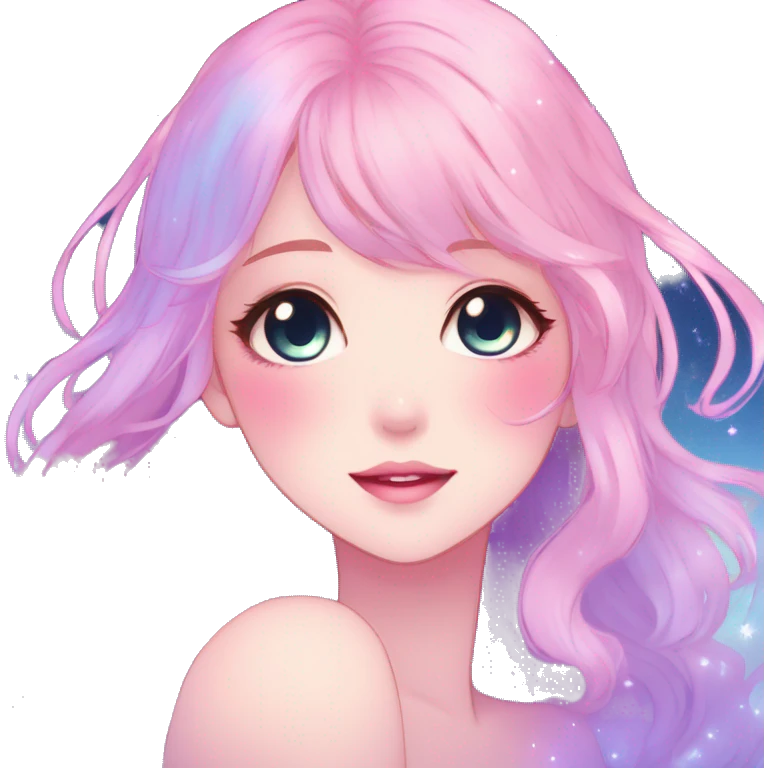 Gorgeous pastel anime style lady blushing nebula-gradient-sparkle face dreamy idol model colorful shiny stars galaxy kawaii cottagecore pearly petite simplistic aesthetic trending style emoji