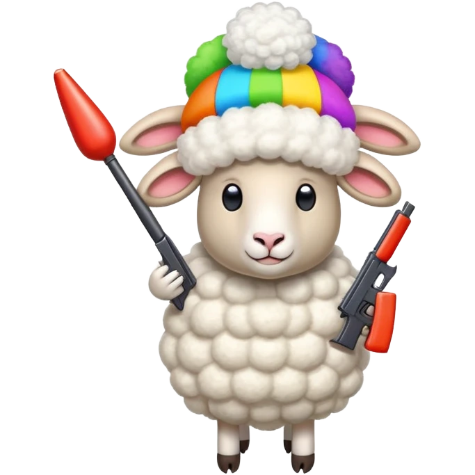 a sheep holding two guns and wearing a childish colorful propeller hat  emoji