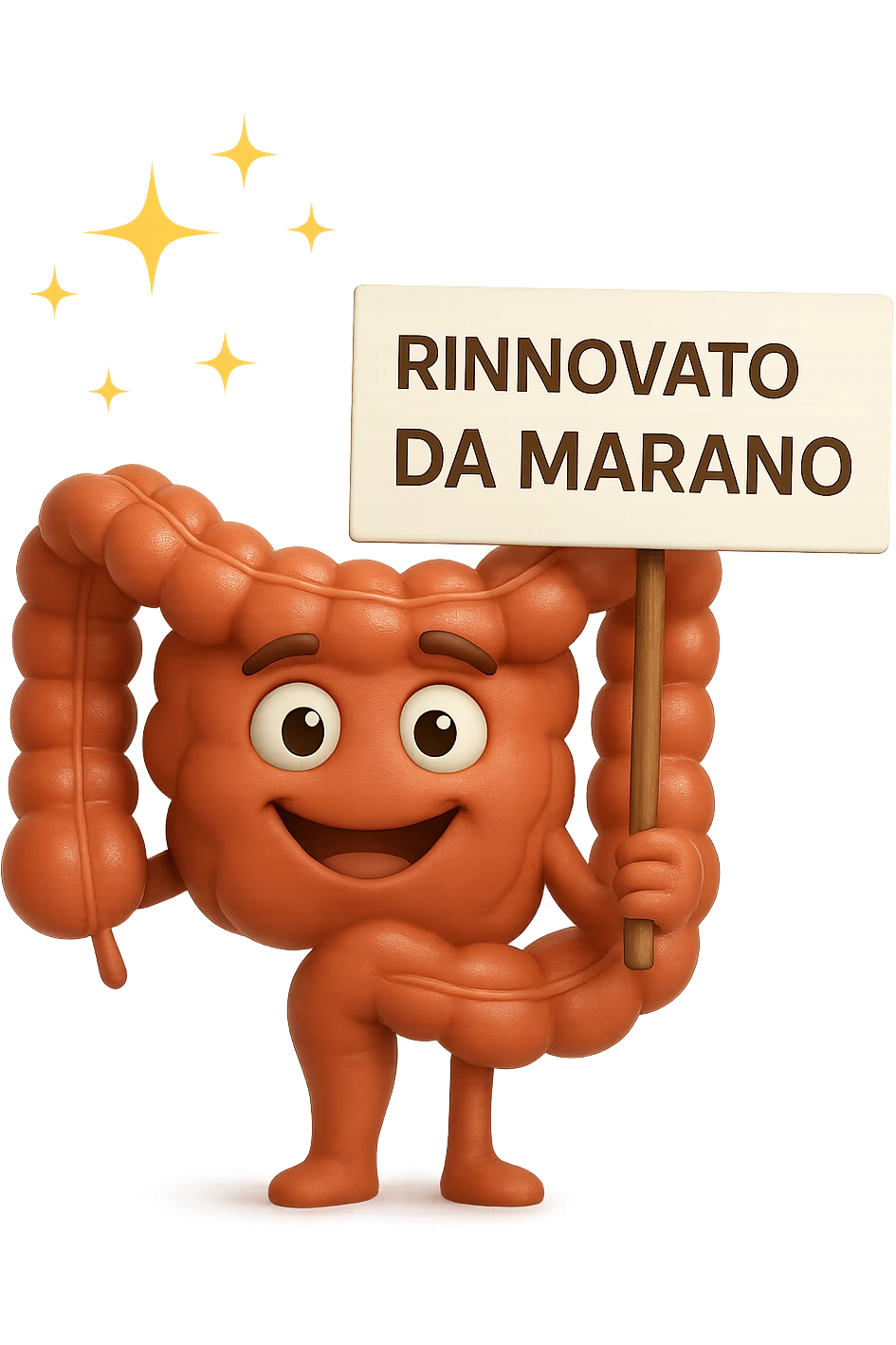fammi un intestino identico a questo, ma felice e con le scintille di splendore dorate sopra, si sta rinnovando come se fosse in ottima salute, in mano ha un cartello con la scritta "RINNOVATO DA MARANO" emoji