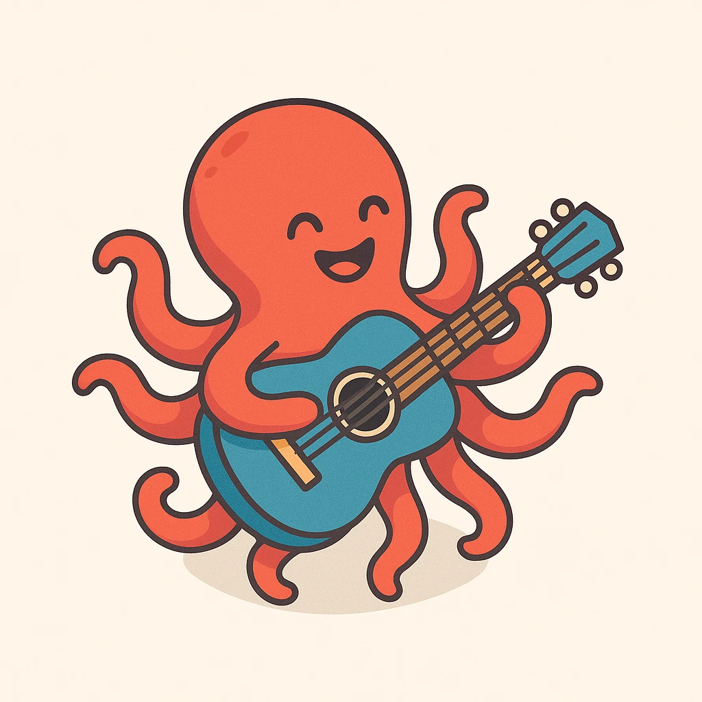happy octopus with multiple arms playing guitar emoji