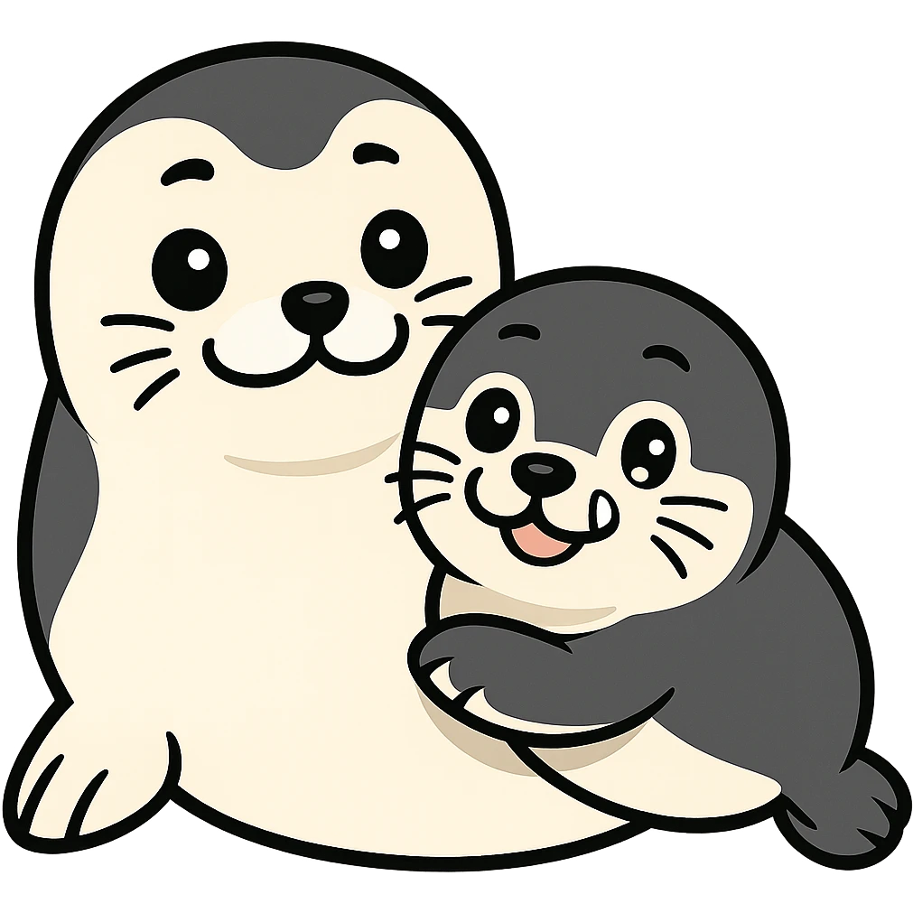 Transform the seal pup and mother in the image to resemble Yo-chan and Tusk-chan from Tokkari Centre, maintaining the happy pose and preserving the transparent background. emoji