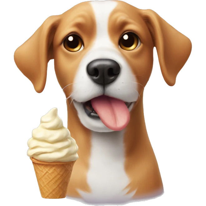 Dog with fluffy ears a chicken nose eating a ice cream emoji
