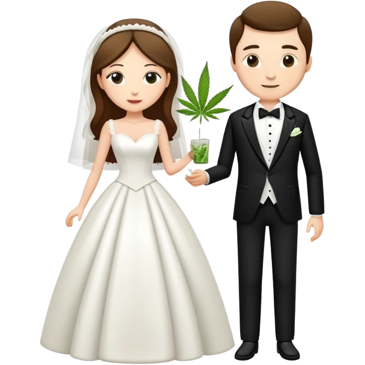 A bride in white wedding dress and groom in tuxedo, full body, sharing cannabis, wedding couple, different pose emoji