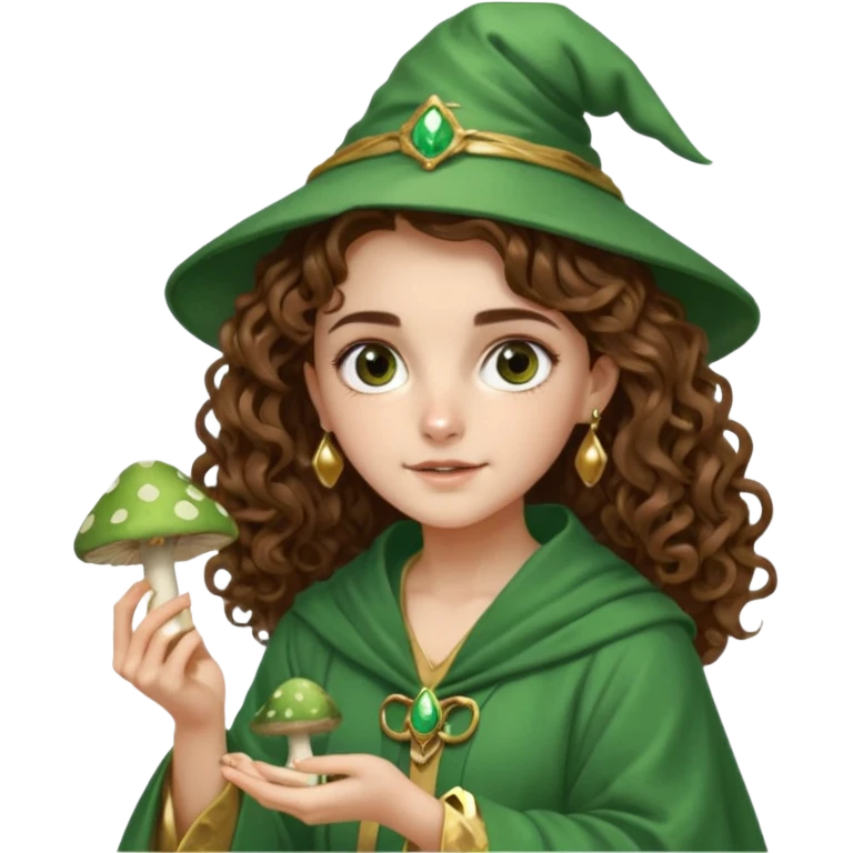 very beautiful italian girl, looking like Emma Watson, with curly and big volume very bright brown hair, and a golden piercing ring in nose on left side, dressed in a beautiful wizard robe of green colors, holding fly mushroom emoji