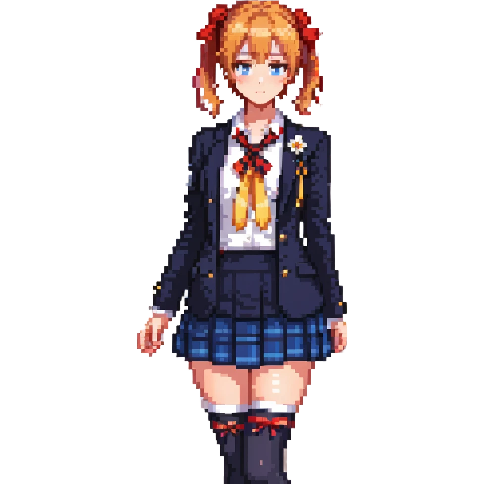 Honoka Kosaka from Love Live standing in Otonokizaka High School courtyard, orange side ponytail with yellow ribbon, blue eyes, navy blazer, red ribbon at collar, blue tartan skirt, black knee socks, brown loafers, cherry blossom petals floating, spring breeze, cheerful and determined expression emoji