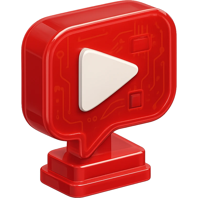 red speech bubble with a red YouTube white play button, like a trophy, glossy circuit style emoji