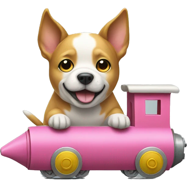 A dog riding a fabric train with yellow cabins and a pink head emoji
