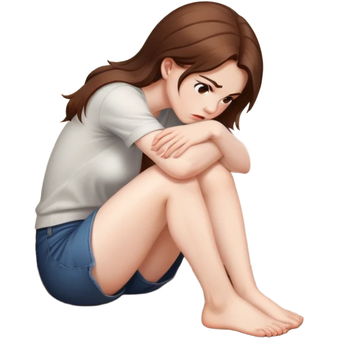 angry woman with brown hair sitting in profile on a floor hugging her knees avoiding conversation  emoji