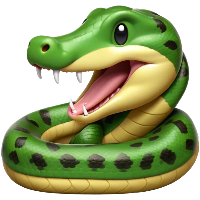 Cinematic Cute Yawning Anaconda Portrait Emoji, Head tilted slightly with a dramatic, wide-open yawn, showcasing a sinuous, scaled form with half-closed, drowsy eyes and an open, relaxed mouth, Simplified yet irresistibly adorable features, highly detailed, glowing with a soft, cozy jungle glow, high shine, relaxed yet expressive, stylized with a dash of whimsical reptilian charm, soft glowing outline, capturing the essence of a drowsy yet affectionate anaconda that appears ready to stretch out for a nap! emoji