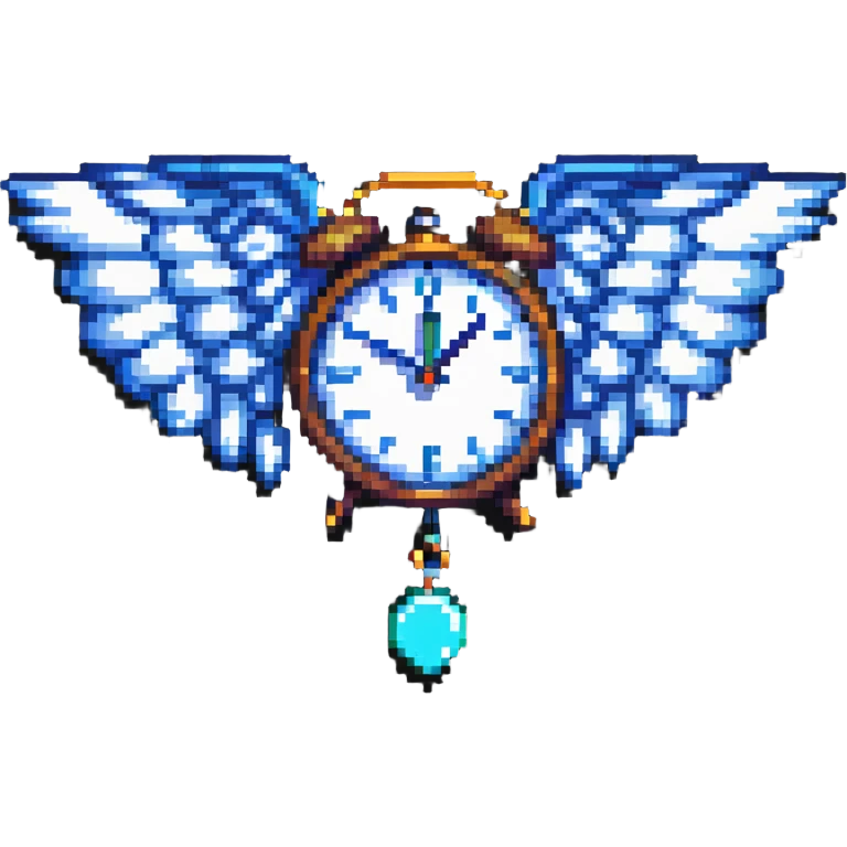 pixel art of a clock with wings, time flying concept emoji