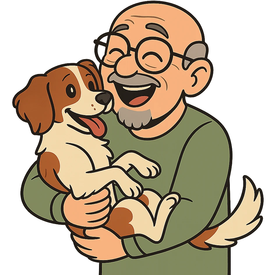 cartoon style bald old man with round glasses and grey goatee holding a Brittany Spaniel, joyful and loving emoji