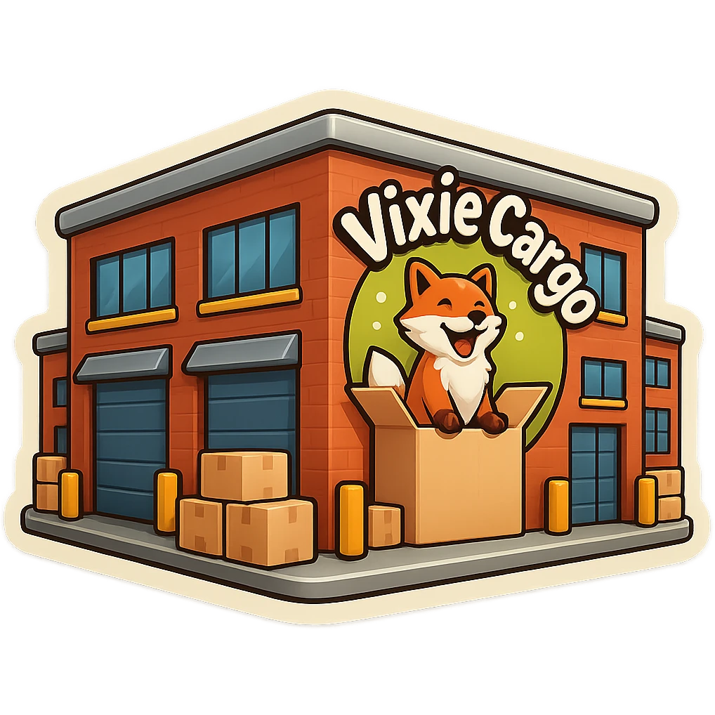 Create a variation of the parcel warehouse building emoji with the Vixie Cargo logo, adding more parcels stacked outside, with no background. emoji