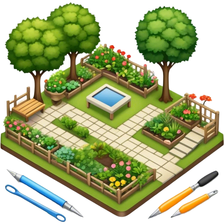 Icon for Landscape Design: a garden layout with trees, plants, pathways, and outdoor furniture, along with design tools like a ruler and sketchpad. The icon should represent the creativity and planning behind landscape design. Transparent background. emoji