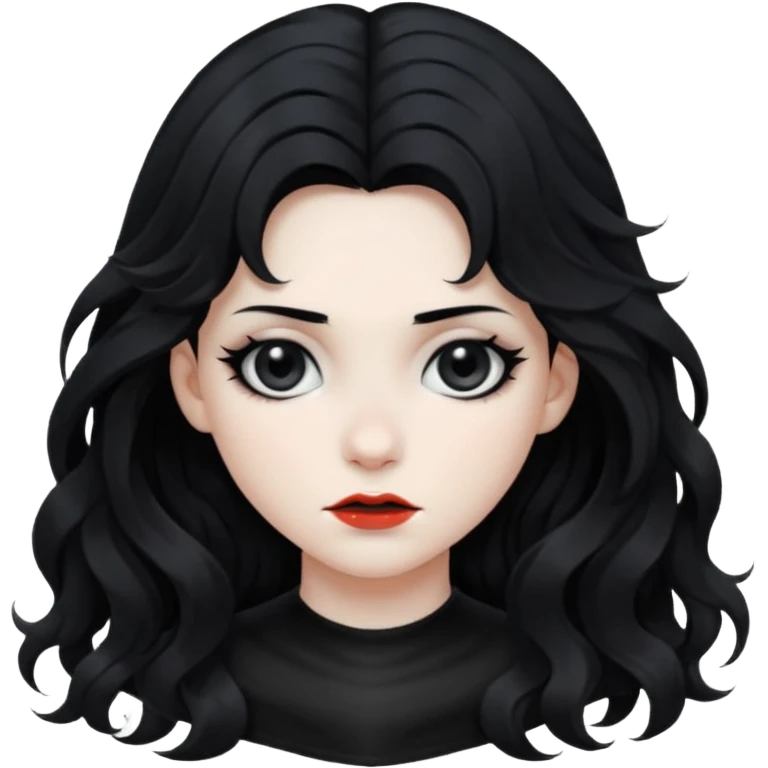 Crea una ragazza con stile black metal, capelli neri mossi dalle spalle e occhi bianchi emoji