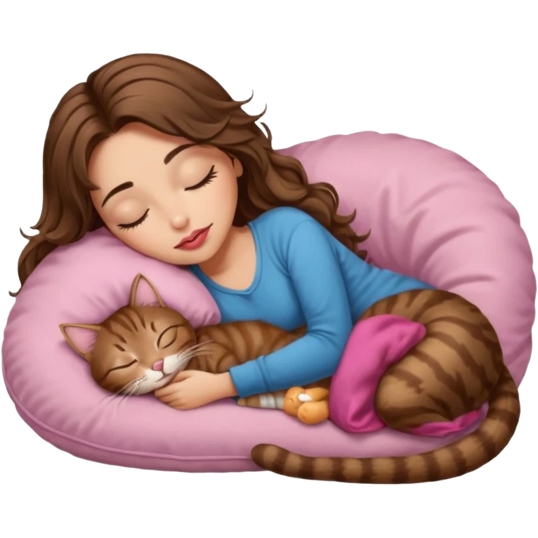 girl with long wavy brown hair, brown eyes, long lashes makeup, sexy pink lips, light to medium complexion,  sleeping on a cozy pillow, with brown tabby cat, sleeping emoji