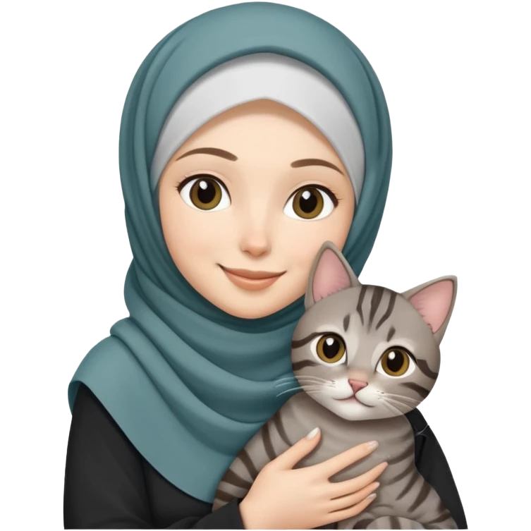 White girl wearing hijab smiling while holding a black grey tabby cat emoji
