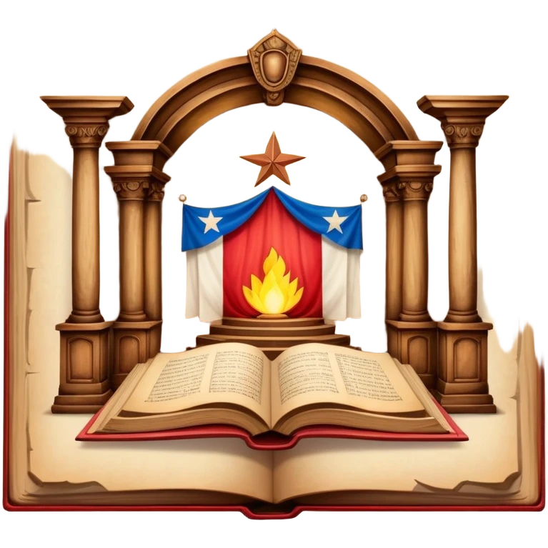 Ancient book open to display hand-drawn theatrical set design sketches on parchment pages, with Puerto Rican flag colors subtly incorporated, wooden theater elements, warm glowing aura emoji