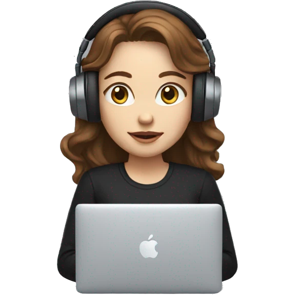 women with white skin and long brown wavy hair developing on a macbook with headset on, wearing a black t-shirt emoji