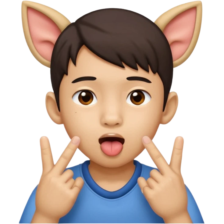 a boy with asian eyes holding his ears with 2 fingers and with his tongue out emoji
