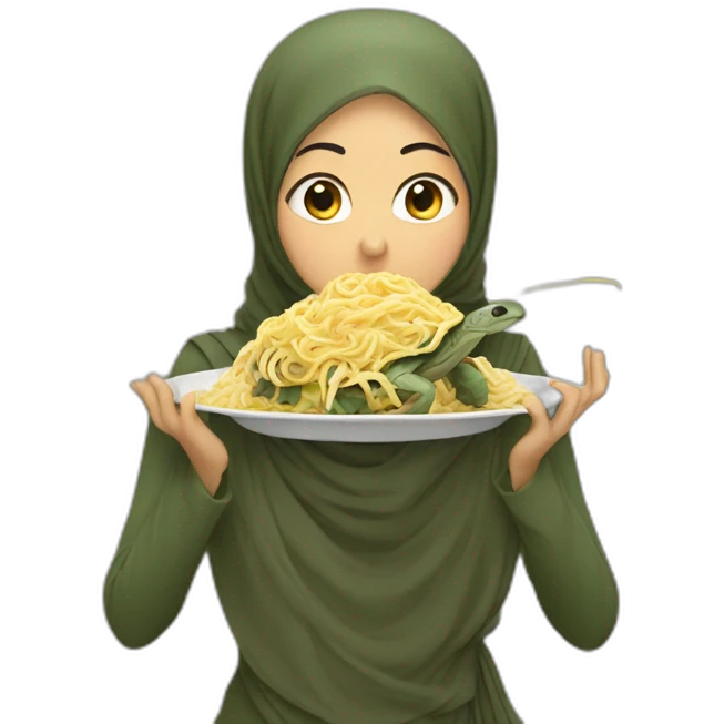Hijab eating noodles on a turtle emoji