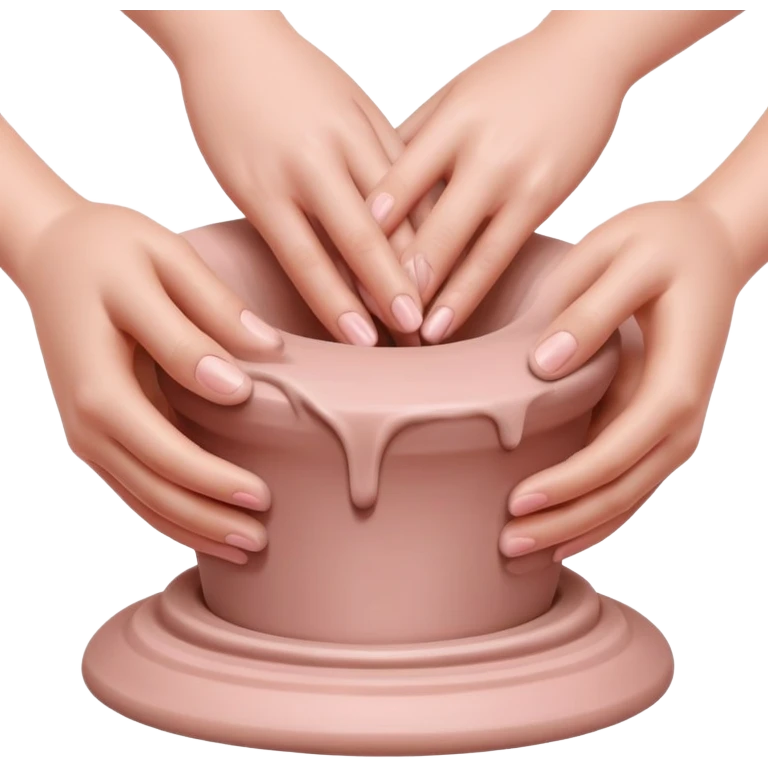 hands performing palm hug gesture on a pink mound of clay on a silver pottery wheel, gently hugging the clay to maintain moisture emoji