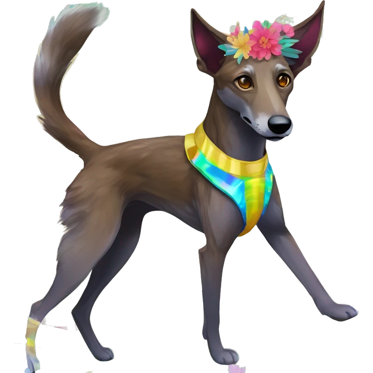  brindle brown black maroon gold lurcher Alsatian fox running blue eyes and iridescent holographic oilslick harness wearing paper iridescent tropical flower crown yellow caution tape emoji
