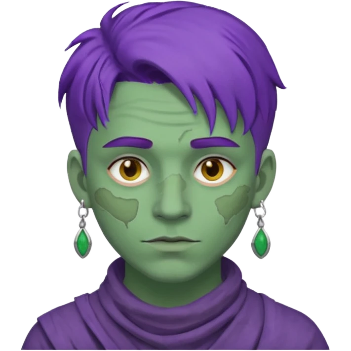 purple haired man with full full face dirty messy green clay mask and earrings emoji