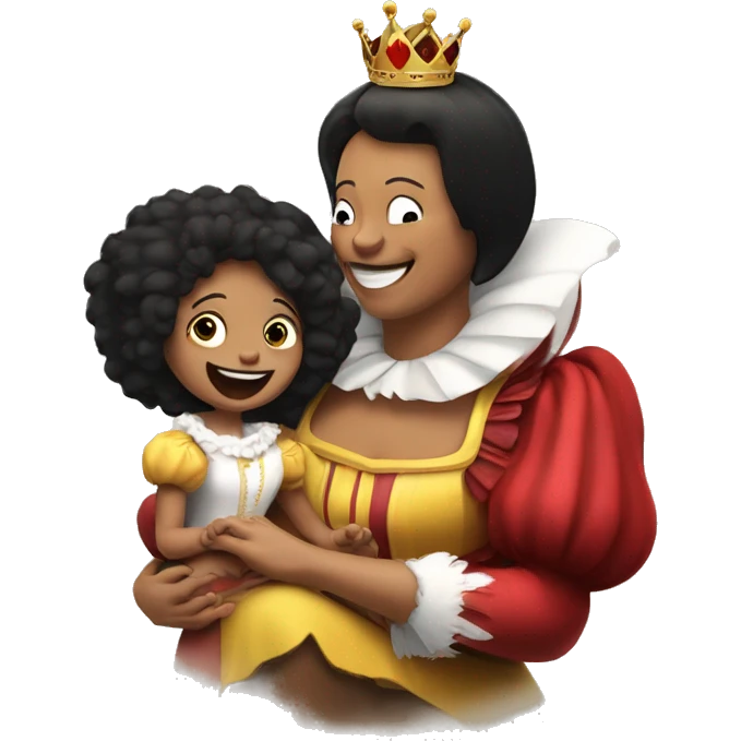 The queen of hearts tickling her daughter with a feather emoji