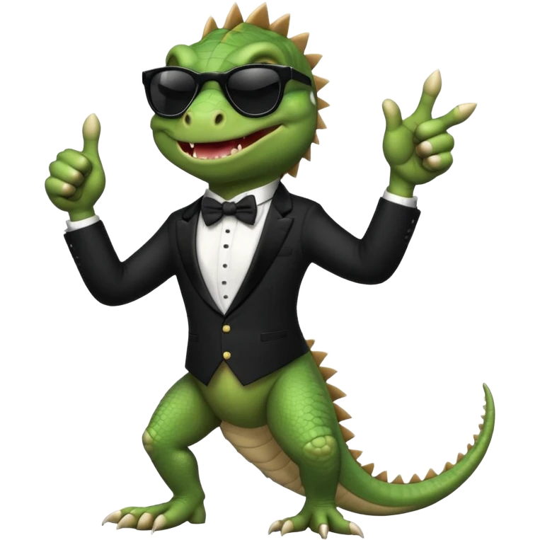 capitalist iguana banker in tuxedo and black sunglasses dancing crazy thumb up emoji