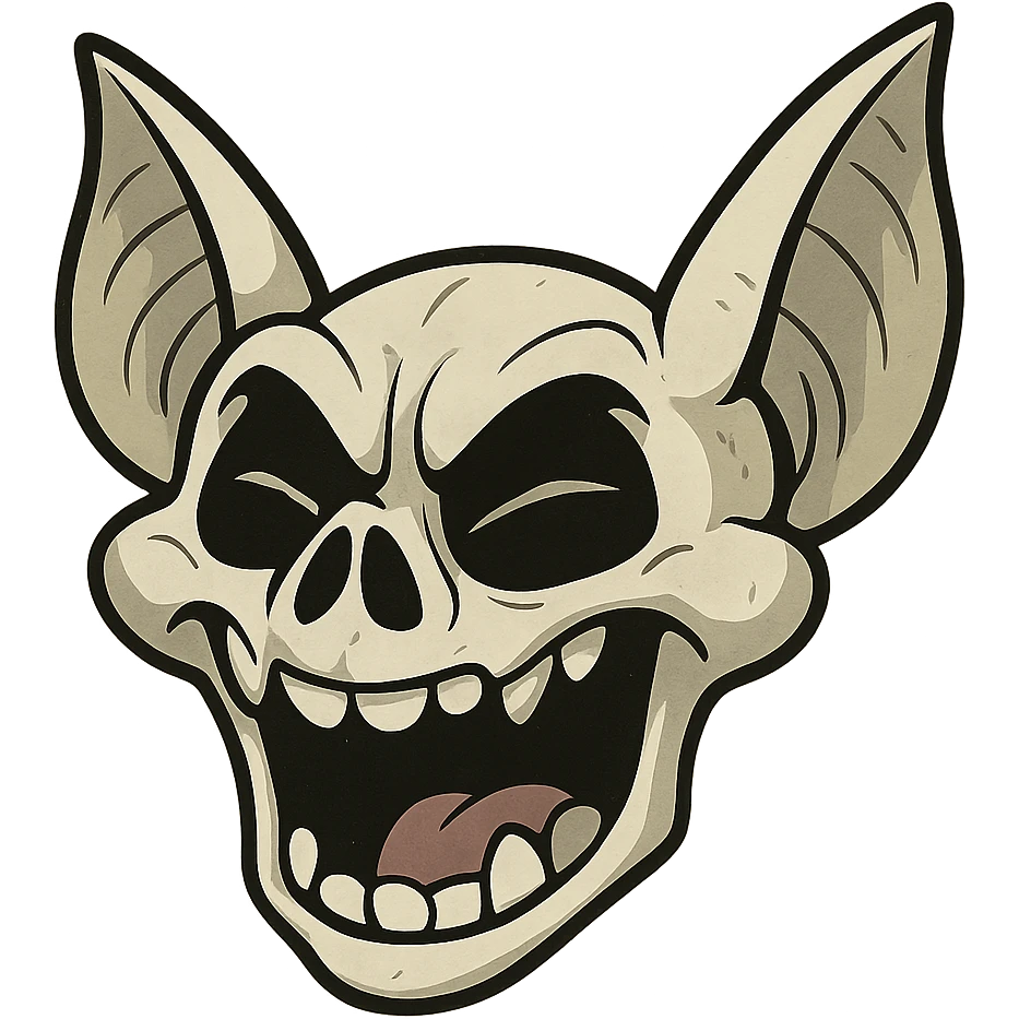 cartoon bat skull, whitish-gray, with exaggerated black eye sockets, expressing extreme emotions like laughter or frustration emoji