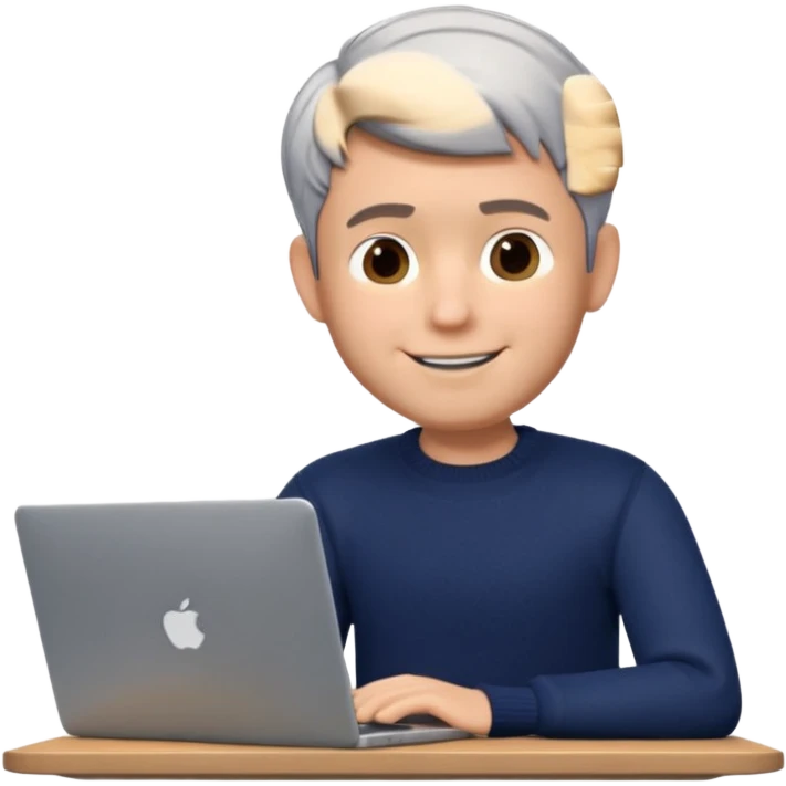 3D Memoji of the man from the photo, short salt-and-pepper hair, dark navy sweater, sitting with a silver laptop, Pixar style, white background, professional smile emoji