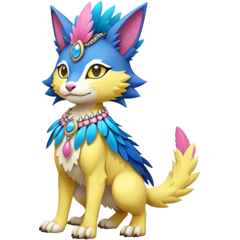 Kawaii cute yellow, blue, pink, exotic tribal beautiful pretty elegant divine edgy feline-vernid-sergal-Fakémon-Pokémon-Digimon-fursona-animal-creature with bracelet, necklace, full body, with intricate detailed markings, feather headdress  emoji