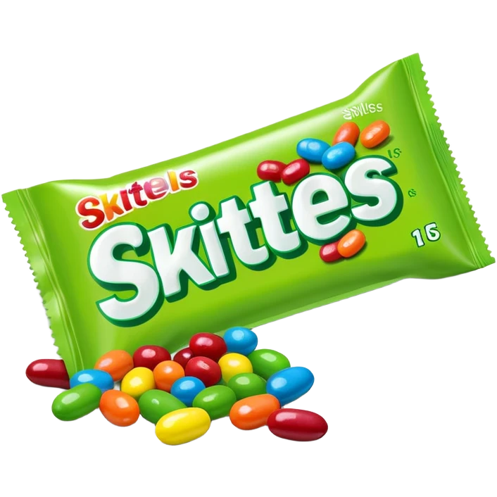 A pile of green Skittles candies next to a colorful Skittles package. Simple minimalist design. emoji