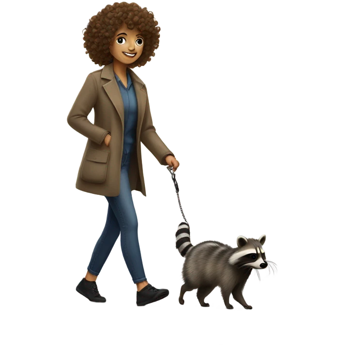 Curly haired white woman walking a raccoon like a dog emoji