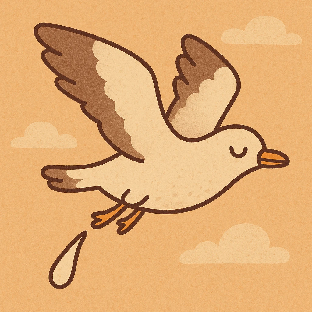 a seagull flying while pooping, flat warm colors illustration style, simple and warm emoji