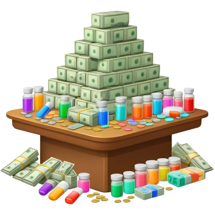 Table covered in drugs and money emoji