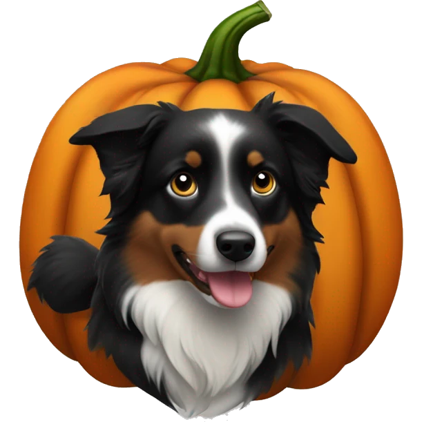 Small black australian shepherd dog in a pumpkin emoji