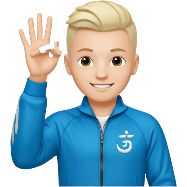 rapeur jul en emoji ios, blanc, rasé sur les cotés, cheveux au centre dressés au gel, signe J avec les mains, survet de l'om emoji