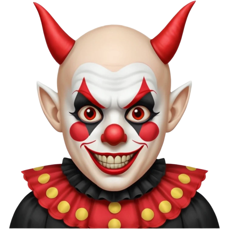 Crea un payaso que tenga toda la parte de la cara pintada de blanco que también de blanco esté la calva que no tenga pelo que tenga unas orejas como de duende, unos dientes picudos, unos cuernos de color negro y un traje de payaso rojo con negro emoji