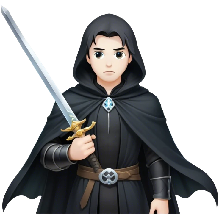 A mysterious swordsman in a black cloak, mist swirling around him emoji