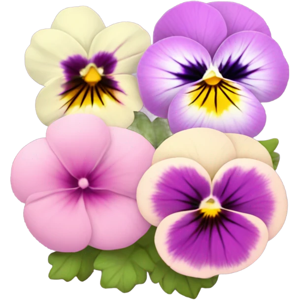 composition of aesthetically pleasing pink pansies, pastel daisies set against the background of a dark purple vintage-style perfume bottle  emoji