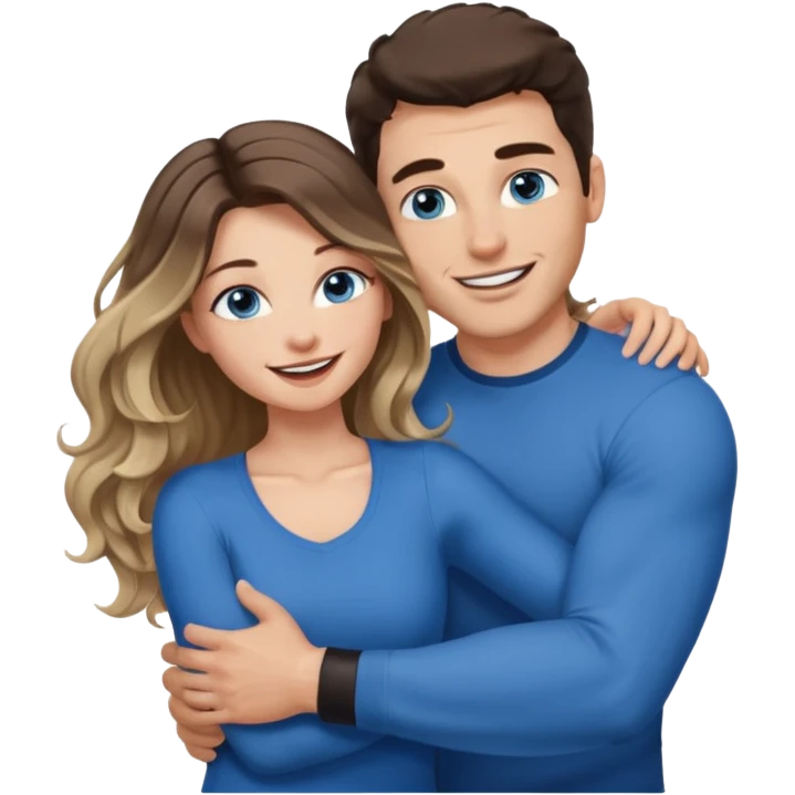 Women with blue eyes and very long, brown blond balayage curled hair in the arms of a man with strong arms a straight face, a very sexy man blue eyes. They are laughing at each other. He has dark brown hair: A fade haircut down to skin and is light skinned  emoji