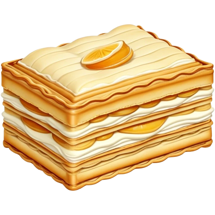 mille-feuille-cinematic-realistic-mille-feuille-dessert-emoji,-depicted-as-a-rectangular delicate-pastry-composed-of-two-crisp-layers-of-puff-pastry-with-a-rich-cream-filling,-rendered-with-intricate-textures-and-elegant,-soft-lighting. Please only show two layers only. emoji