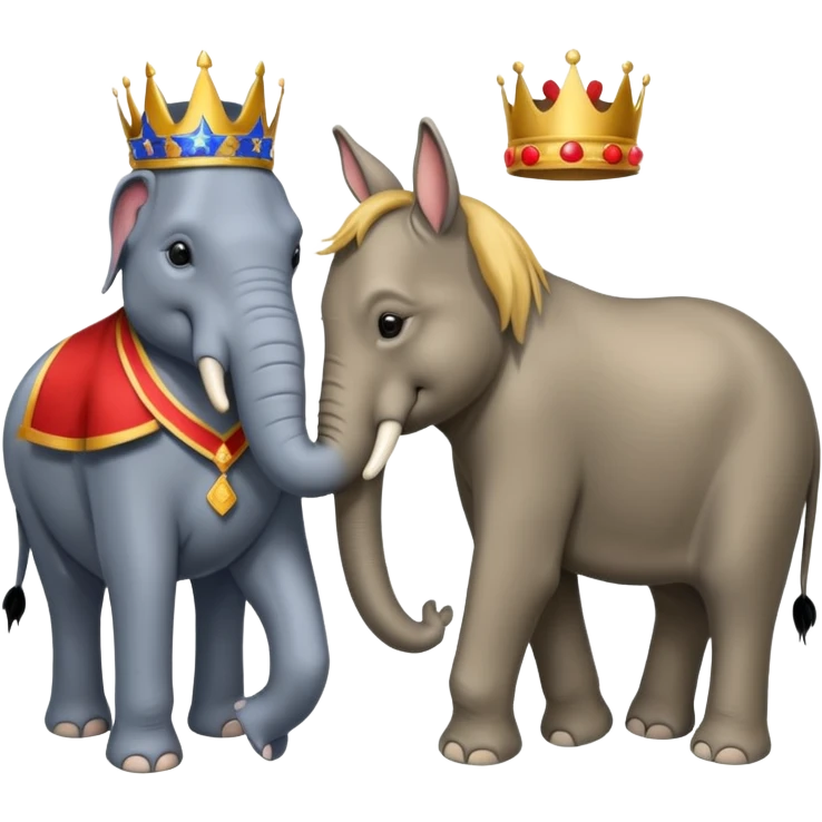 Democratic Party elephant facing Republican Party donkey with King Trump inbetween emoji