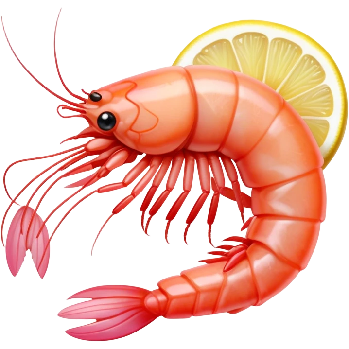 Cinematic glistening shrimp, pink and juicy, slightly curled with a light char, served with lemon wedges, ultra-detailed and fresh, warm glowing background. emoji