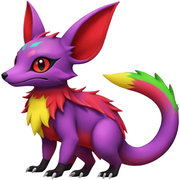 Rare epic aesthetic colorful Salandit-Noibat-Eevee-Genet-species-Fakemon-hybrid-creature, with markings, full body emoji