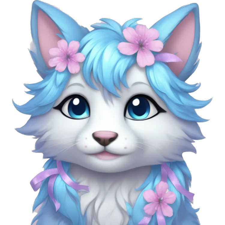 Anthro Cute Cool Pastel Kawaii gorgeous sparkly ethereal fantasy animal creature with blue eyes furry sona with flowers and ribbons beautiful aesthetic emoji