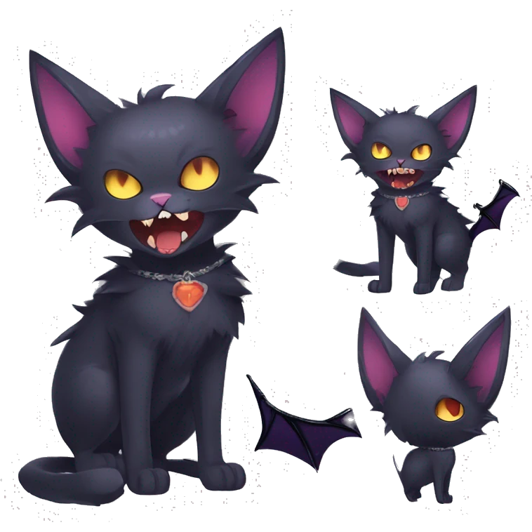   cool edgy kawaii ethereal dark-punk-themed animal vampiric cat-hybrid Fakemon with fangs and bat-wing-ears with a collar full body emoji